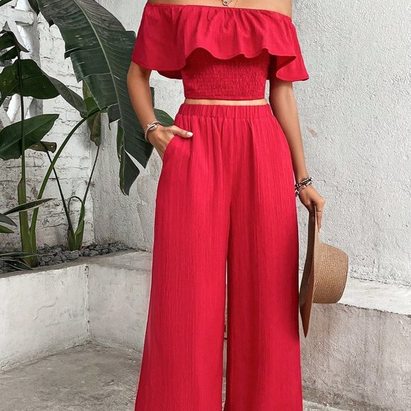 Red Boho Womens Off Shoulder Ruffle Trim Top & Wide Leg Pants - Picture 3 of 5